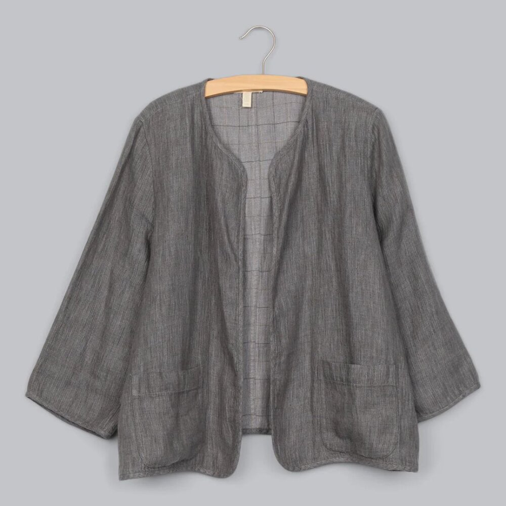 EILEEN FISHER L Minimal Gray Chambray Double-Faced Linen Jacket
